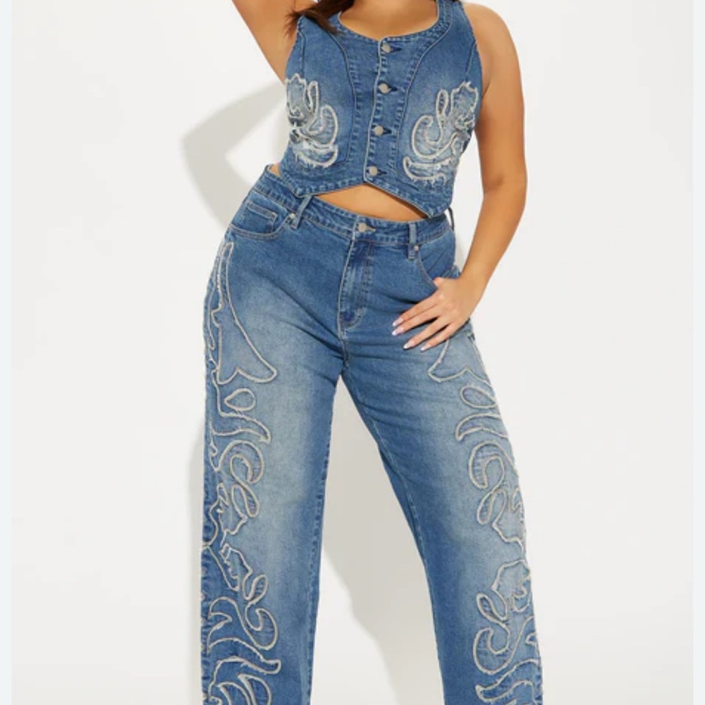 Fashion Nova Blue Embroidered Denim Crop Top & Jeans Set